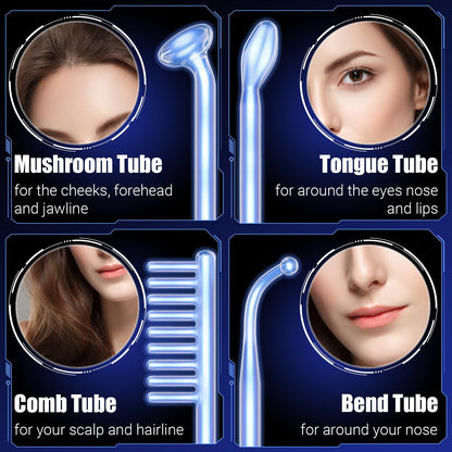 Transform Your Skin at Home with the High Frequency Facial Wand - Portable Handheld Blue Skin Care Device with 4 Glass Tubes